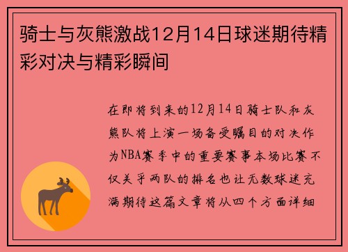 骑士与灰熊激战12月14日球迷期待精彩对决与精彩瞬间